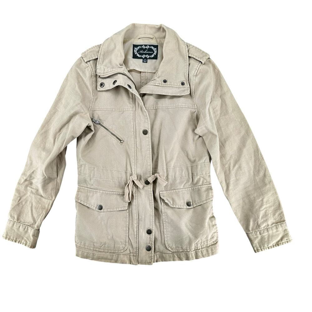 Vintage Y2K Ambiance Mid Length Trench Jacket Tan Khaki Color Cinched Waist S